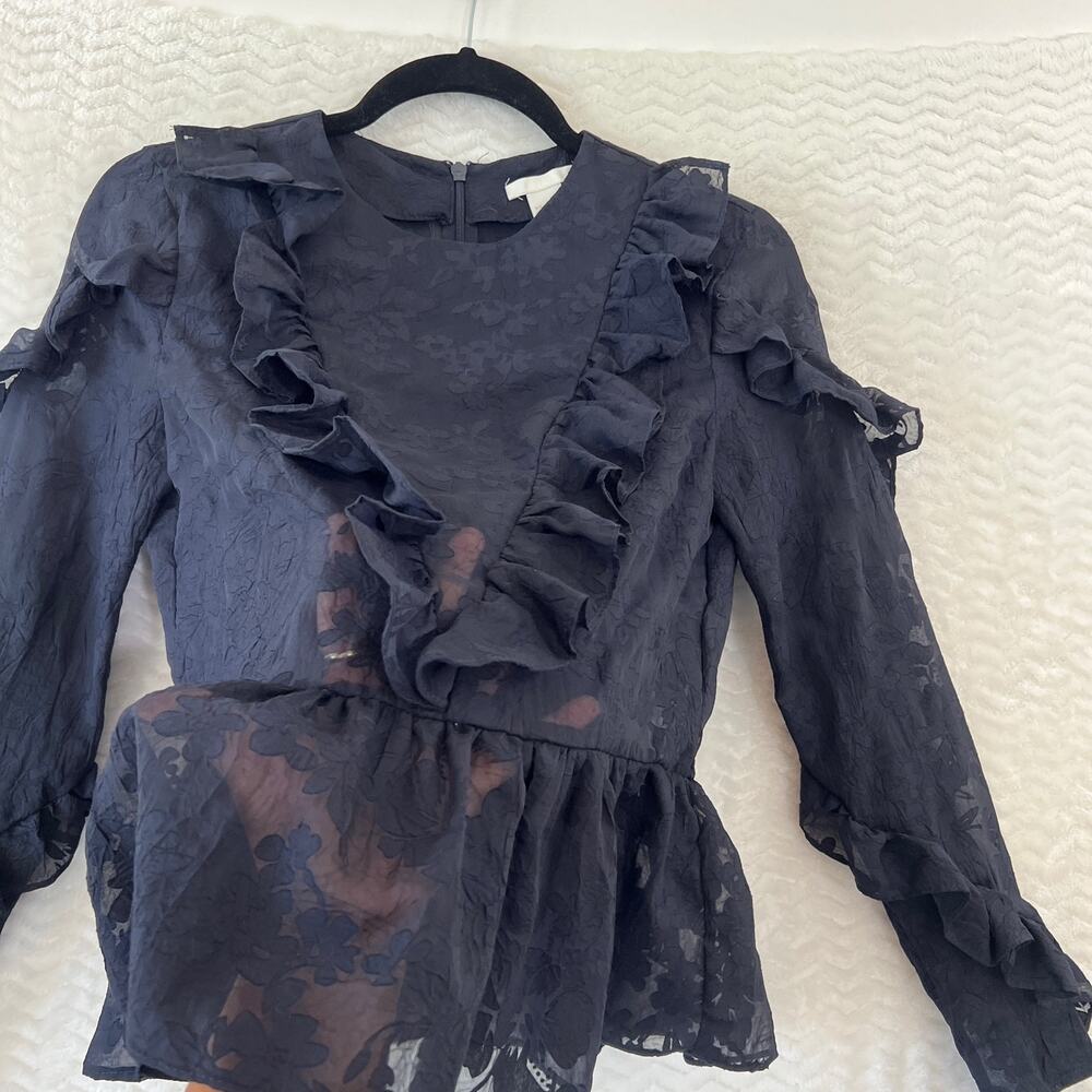 H&M Navy Blue Sheer Floral Ruffle Peplum Long Sleeve Shirt Top Womens Sz 4 - Picture 5 of 11
